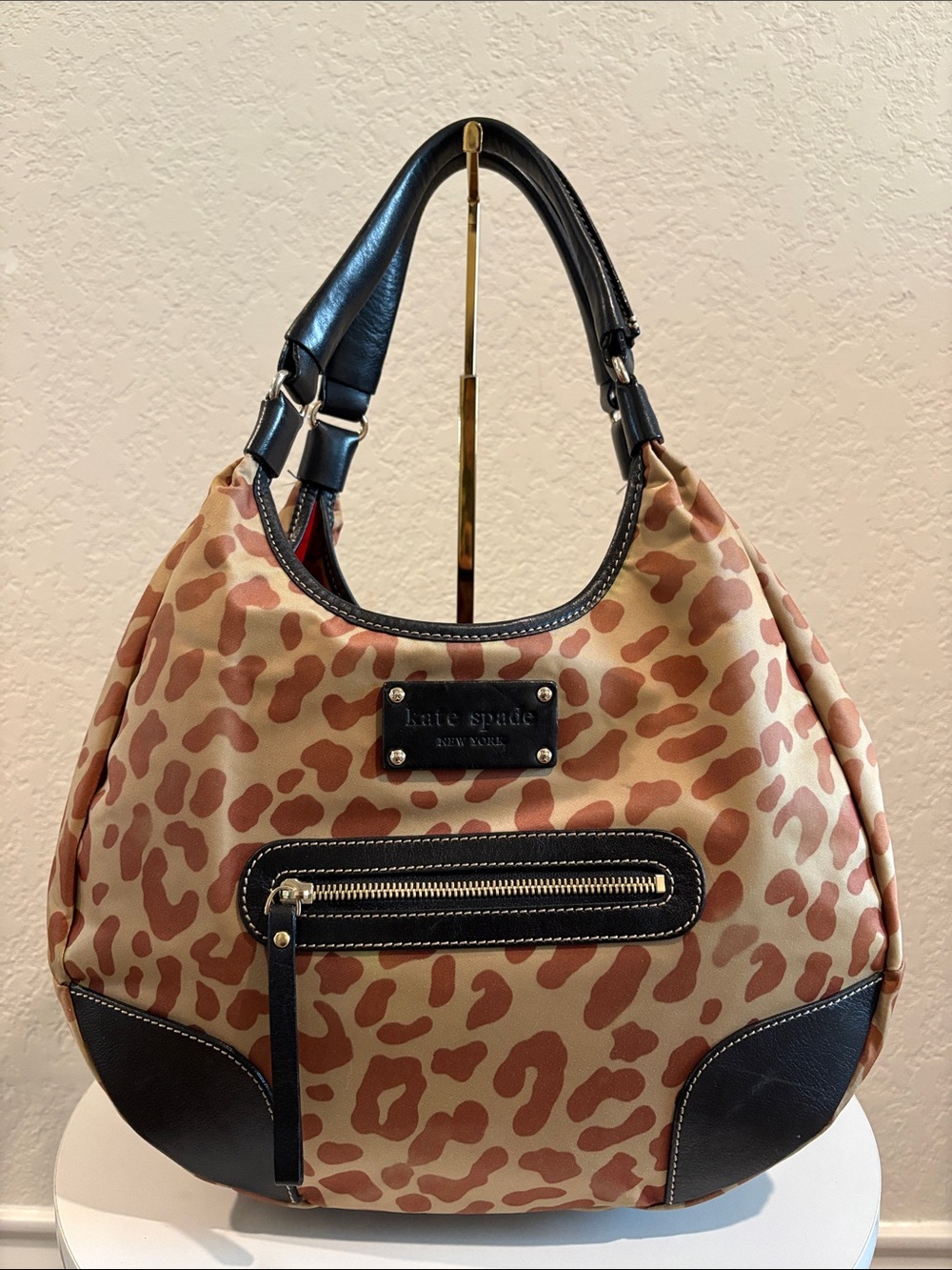 Kate Spade New York Leather-Trim Leopard Print Hobo Bag Nylon- Brown